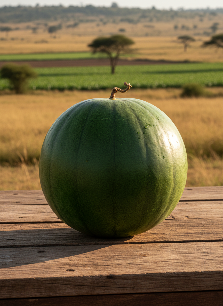 Large ripe Sugar Baby watermelon with dark green skin on wooden surface