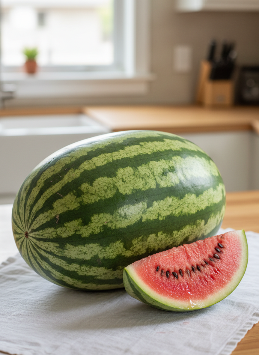 Large oblong Crimson Sweet watermelon with striped green skin