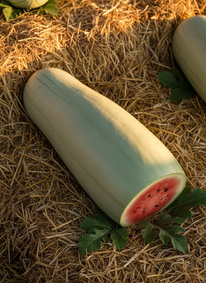 Elongated Charleston Gray watermelon with light green skin