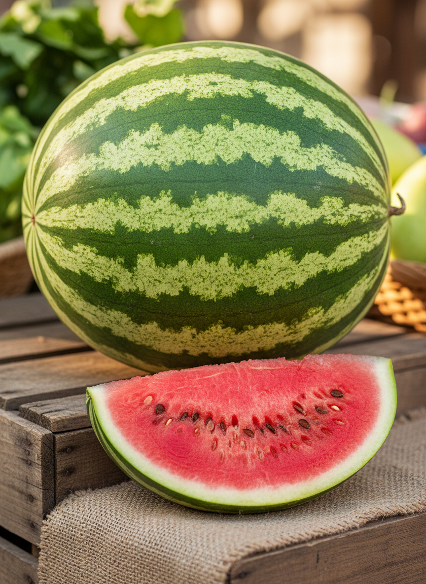 Round Jubilee watermelon with dark and light green stripes
