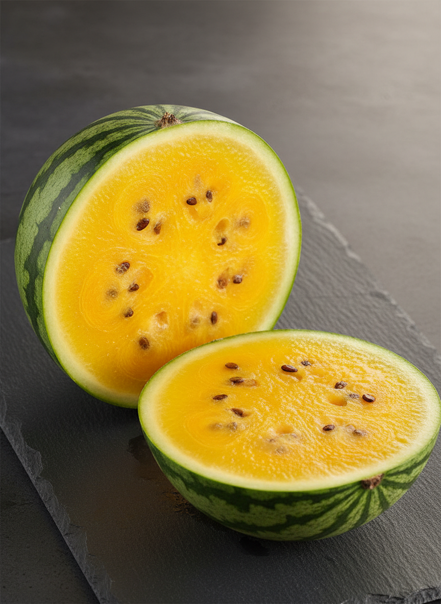 Yellow flesh watermelon cut in half showing bright yellow inside